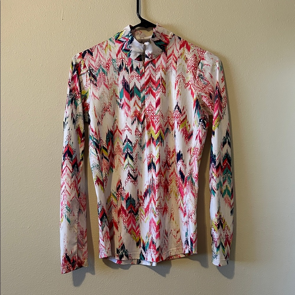 Multicolor Chevron Mock Neck Long Sleeve Top - White